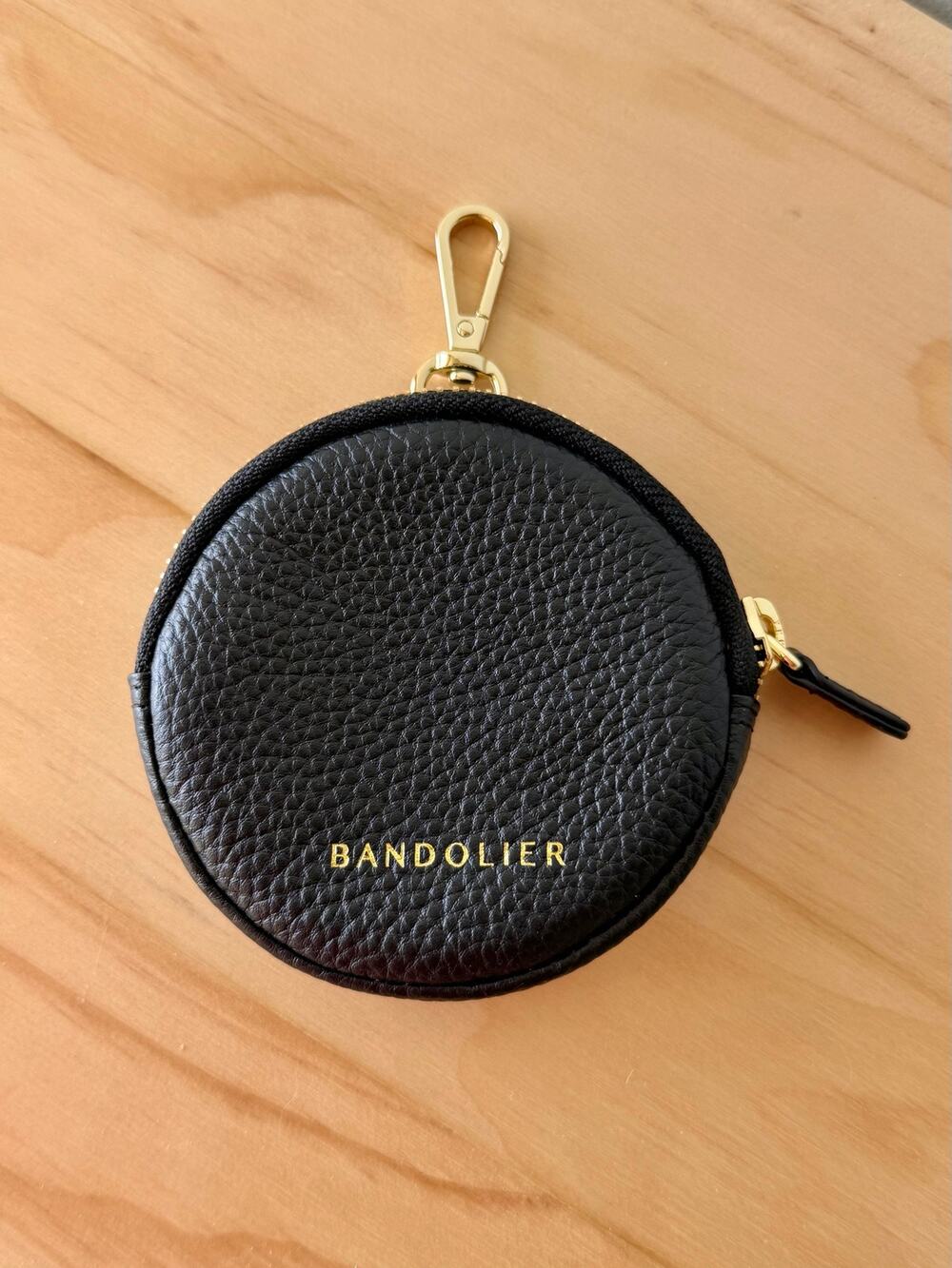 NEW Bandolier Mini Round Pouch Black Leather Gold Tone Hardware Bag Charm Flair